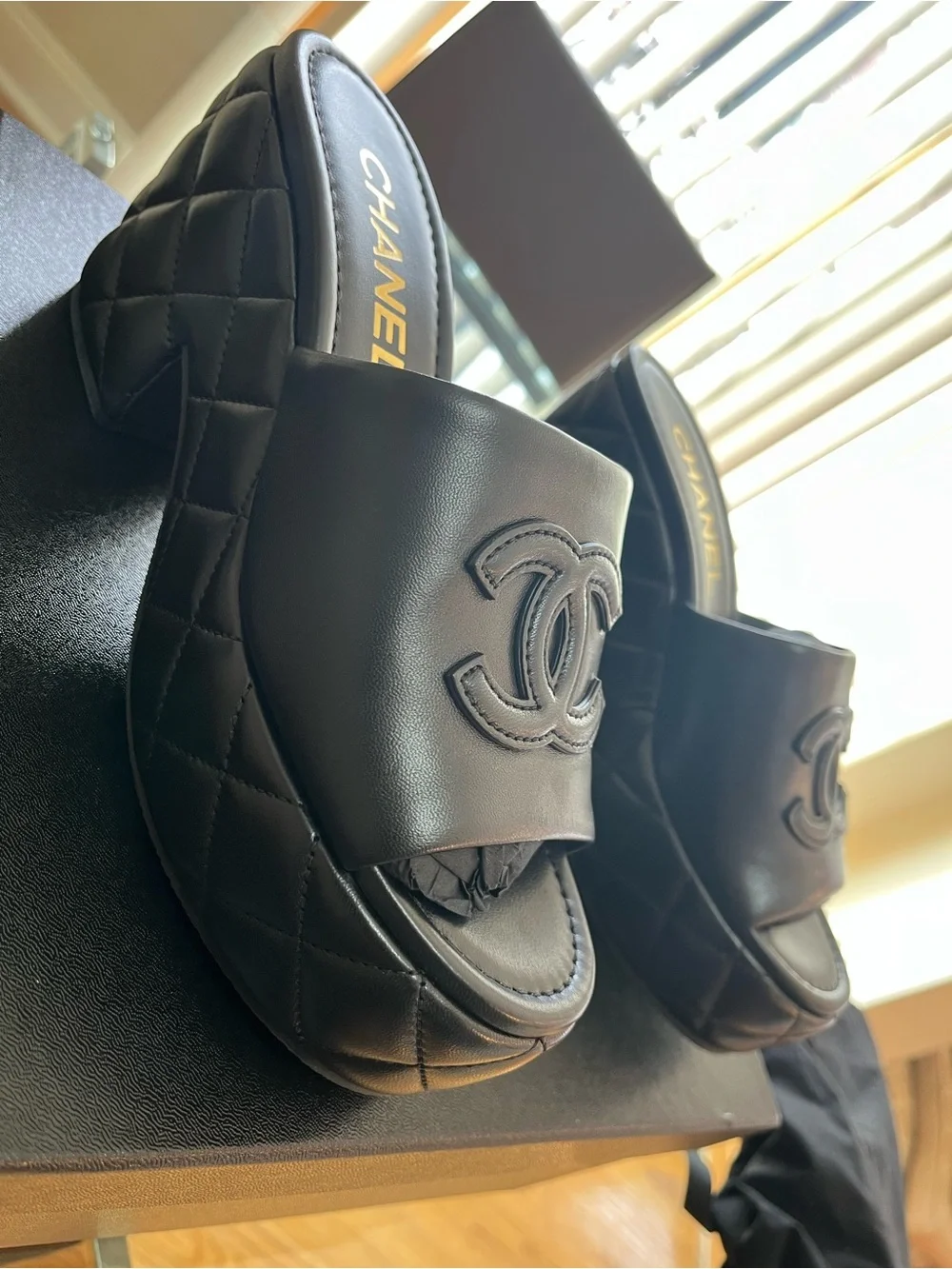 CHANEL Black Quilted Leather Platform Mules with CC Logo